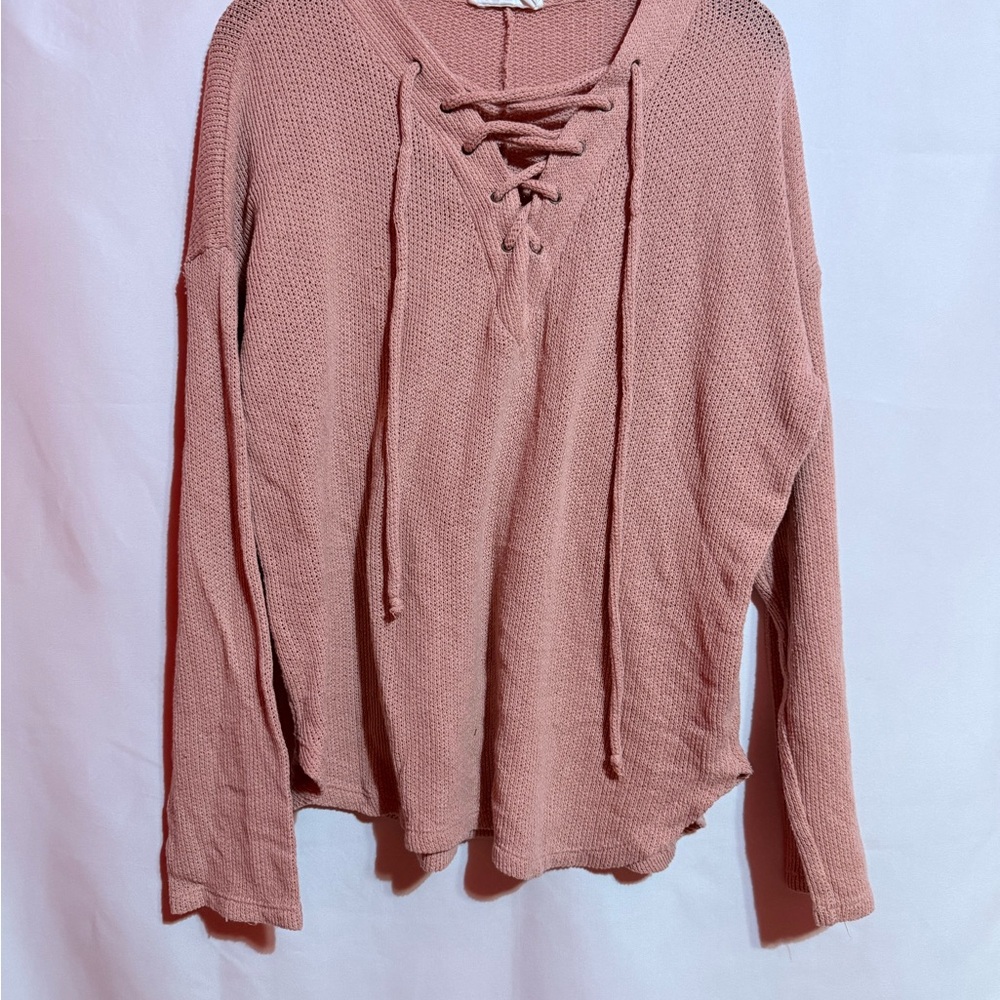 Sadie & Love Women Lace Up Knit Sweater Pink Long Sleeve Casual Top Size L